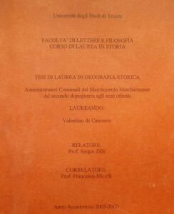 Copertina della Tesi di Laurea in Geografia Storica di Valentino de Canussio